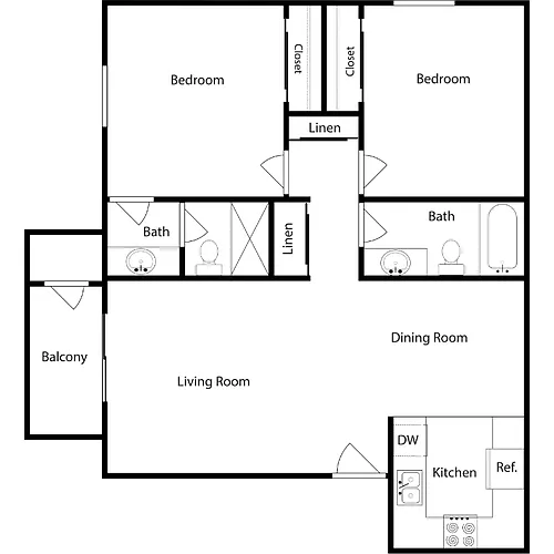 Floor plan Two-Beds, Two-Baths (B)
