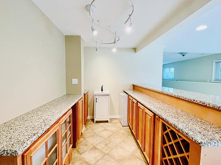 Basement Wet Bar with High-end Wood Cabinets and Granite Countertop.