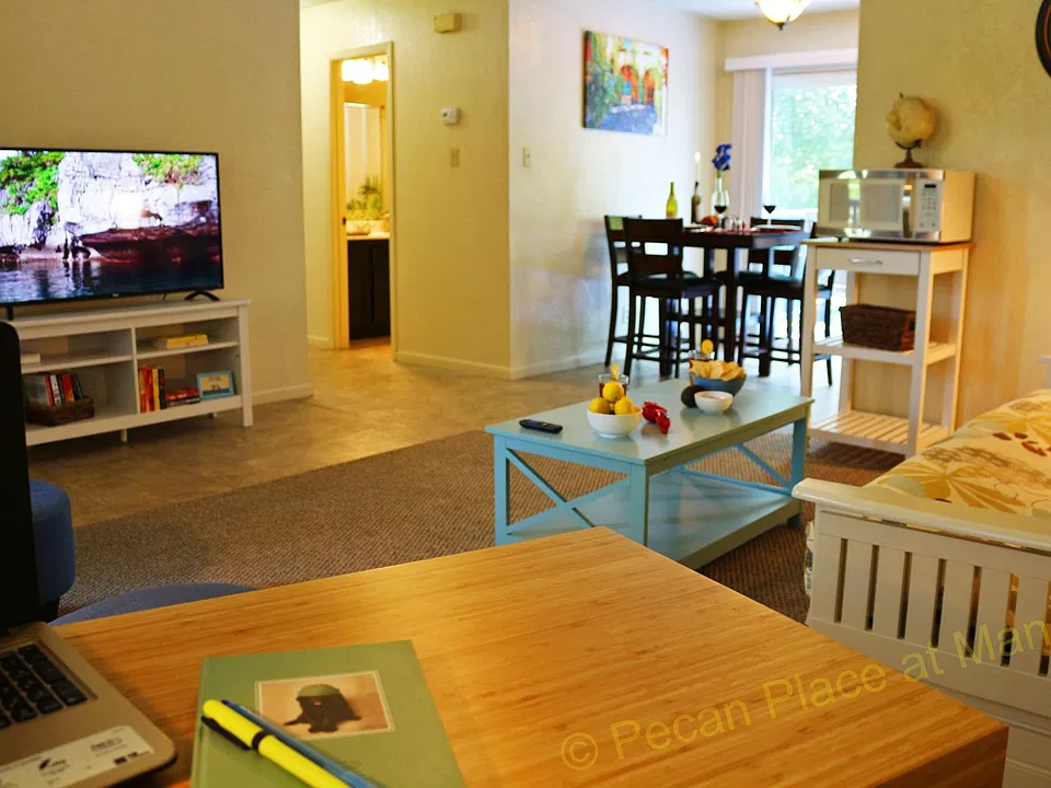 Living room and dining area with hallway to the left leading to the bathroom and bedrooms.