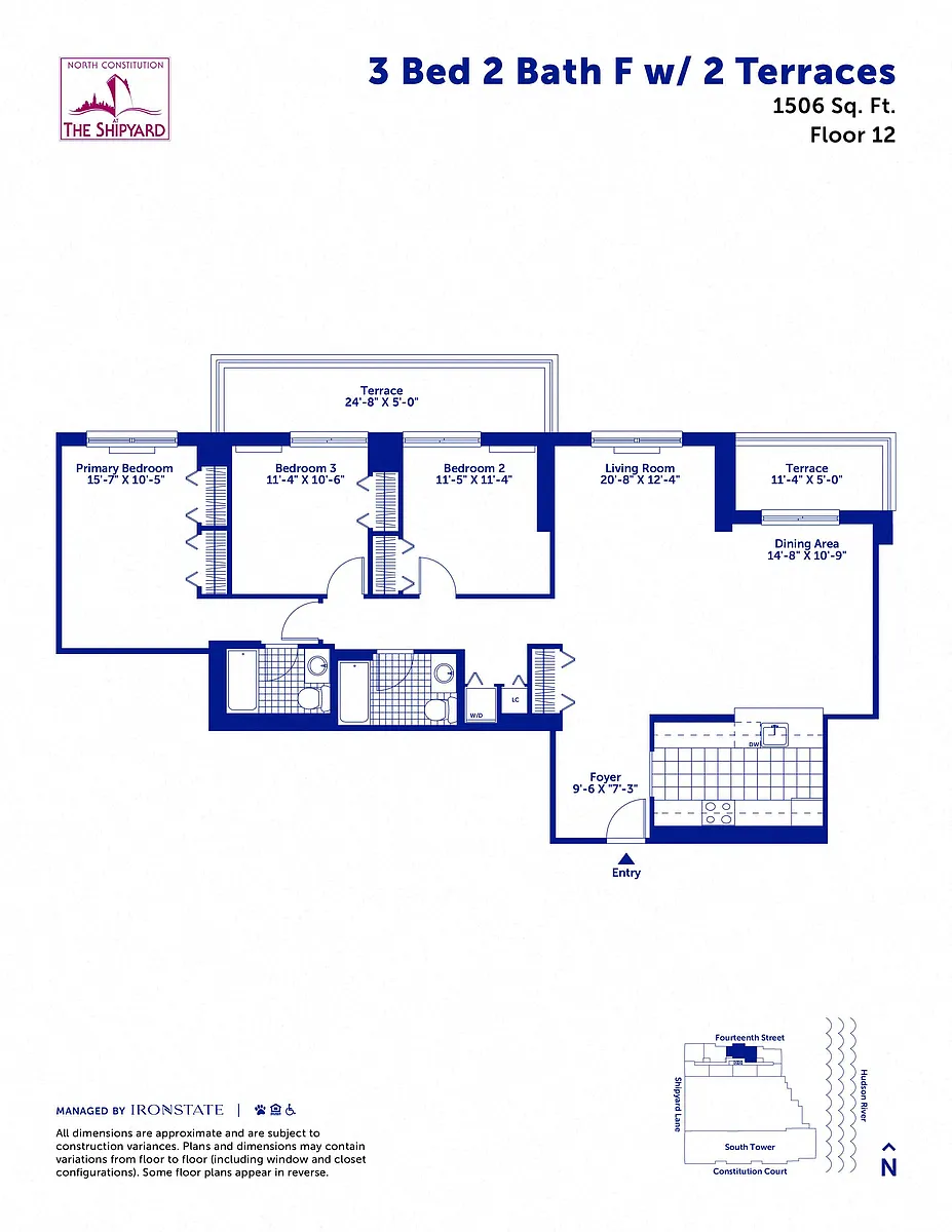 Floor plan 3 Bed 2 Bath F with 2 Terraces