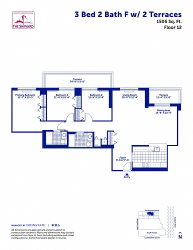 Floor plan 3 Bed 2 Bath F with 2 Terraces