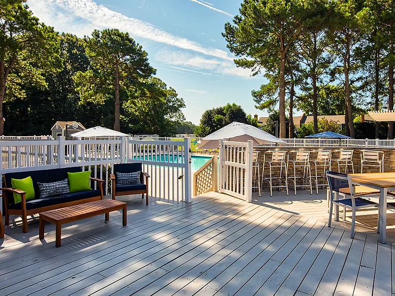 Large deck overlooking pool