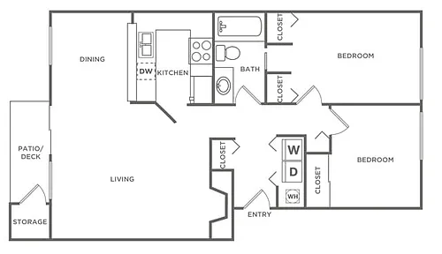 Floor plan Two Bedroom One Bath (871 SF)