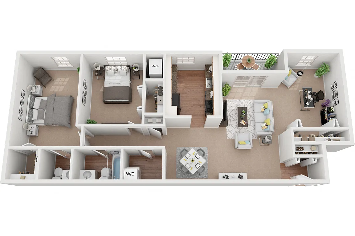 Floor plan Dorchester 2 Bedroom 1.5 Bath Den
