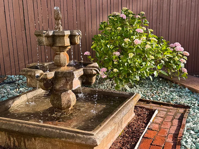 The fountain is flanked by mature hydrangea, roses and wysteria.