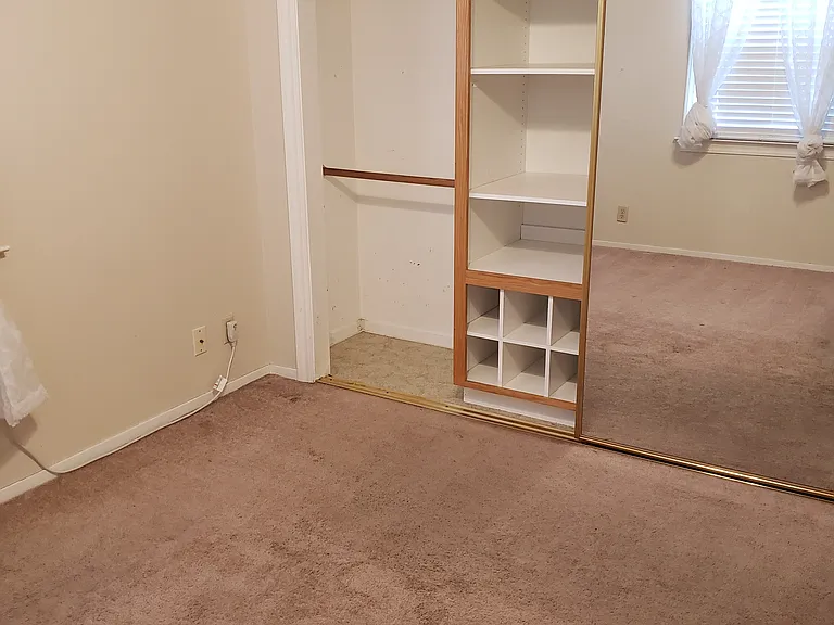 Master bedroom with mirror door open showing one side of closet organizer.