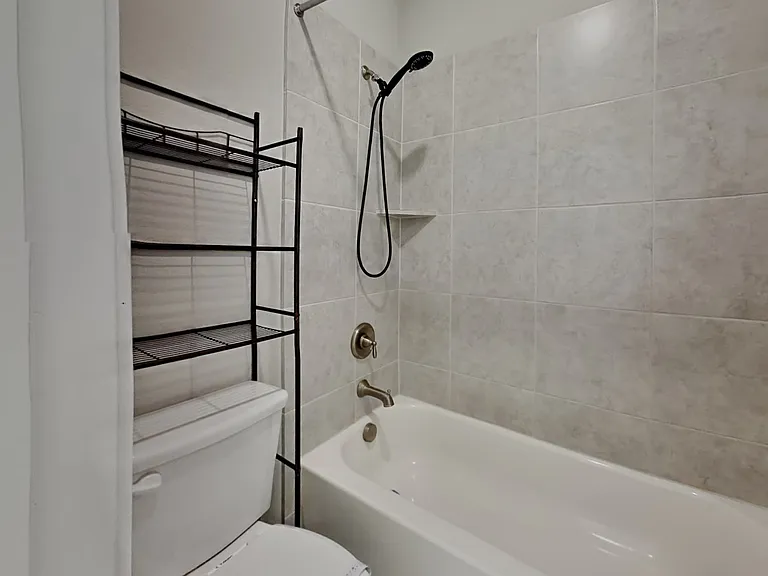 This modern bathroom features