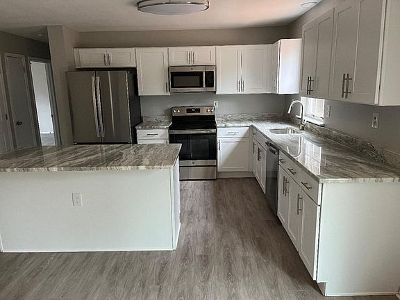 Kitchen with brand new stainless appliances (Fridge, stove and microwave, dishwasher)
