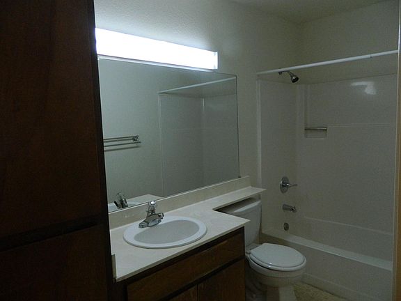 Hall bath with tub & shower and storage.