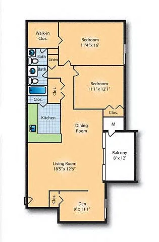 Floor plan 2Bed 1.5Bath Den 1075 sf
