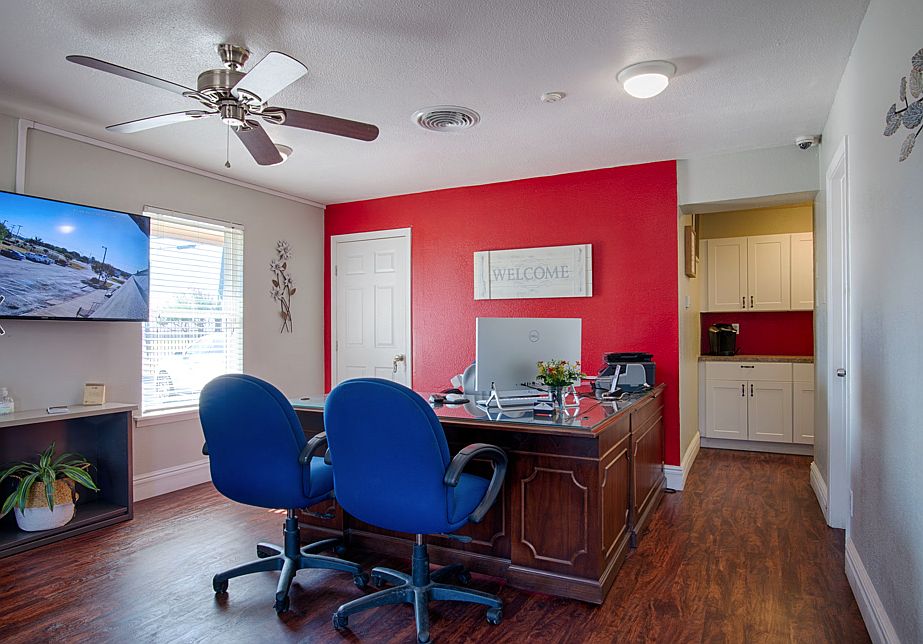 Leasing office interior with seating area and modern decor