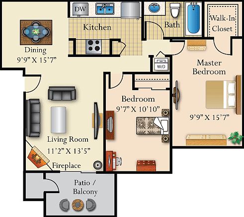 Eucalyptus Floor Plan, 875 sq. ft.