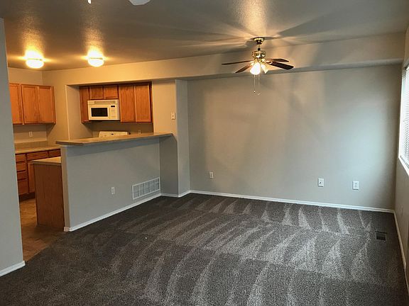 Living room, showing ceiling fan, new carpet