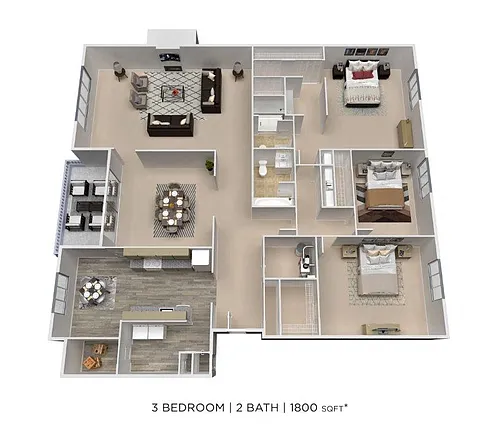 Floor plan Three Bedroom 2 Bath - 1,800 sqft