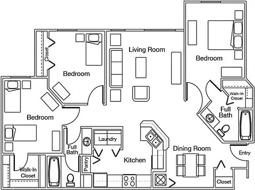 Floor plan Three Bedroom Two Bathroom 35%