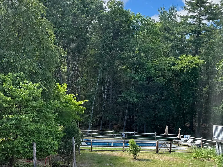 View to pool from living room window