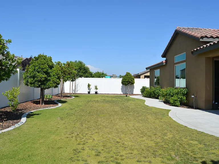 The spacious backyard has 2 orange trees