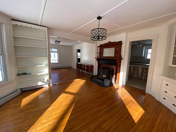 Dining room with wood stove.