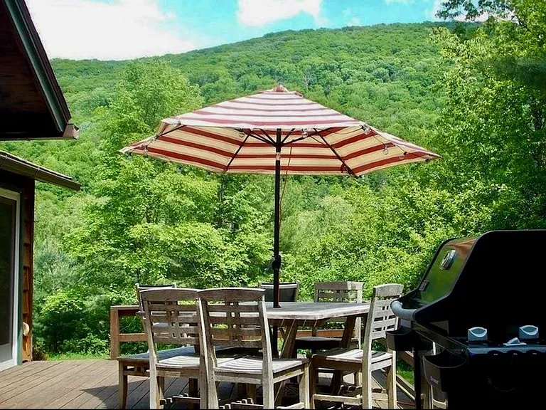 Summertime view of Woodland Valley from the deck with patio furniture.