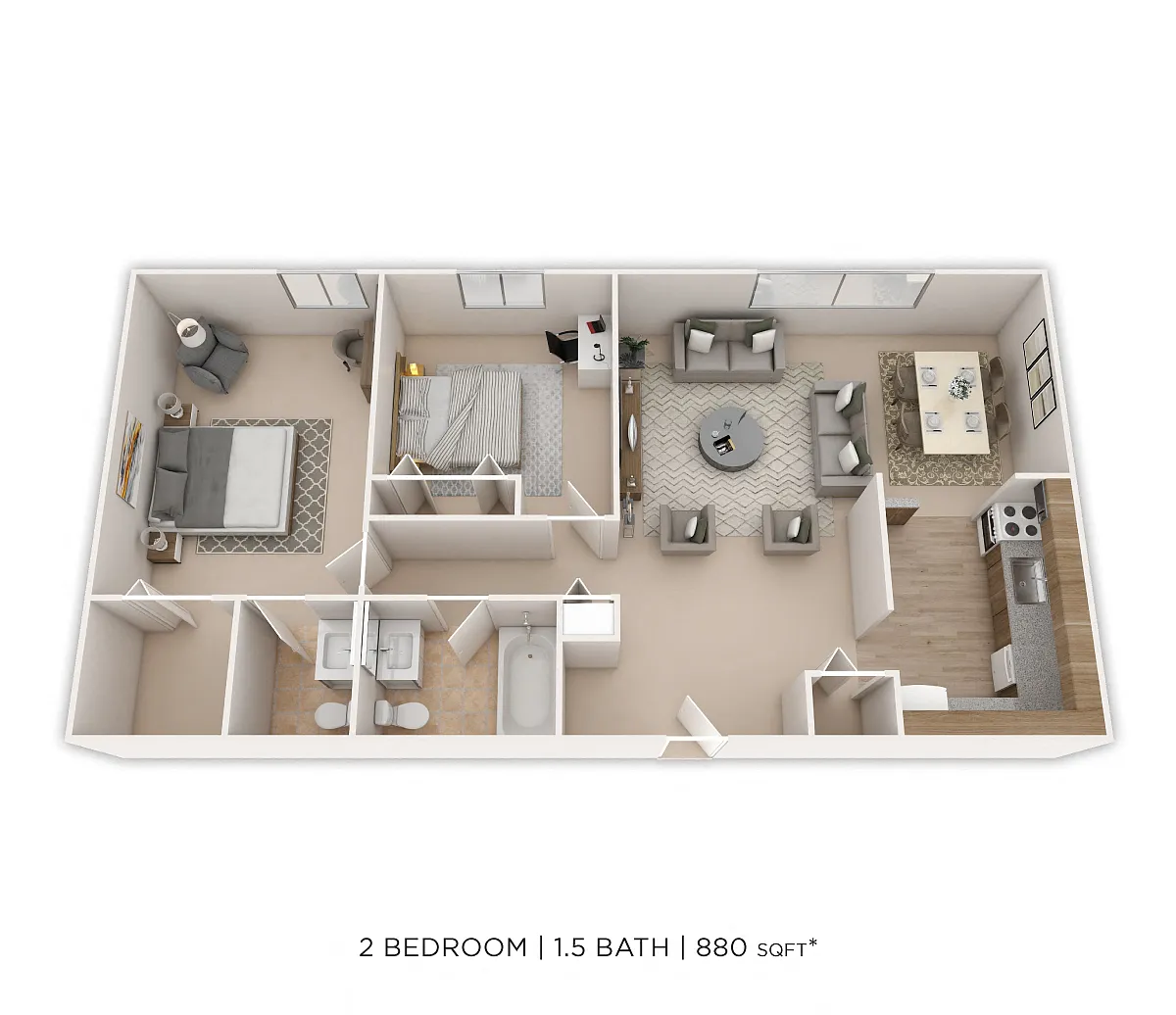 Floor plan Two Bedroom 1.5 Bath-880 sqft