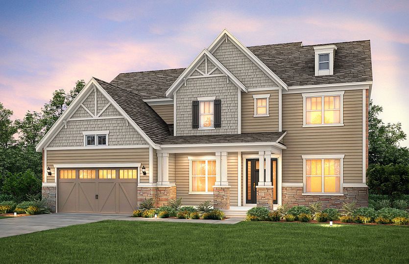 Worthington Exterior 1 features stone, shakes, siding and covered front porch