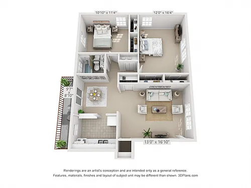 Floor plan 2 Bedroom, 1 Bath (Patio/Balcony)