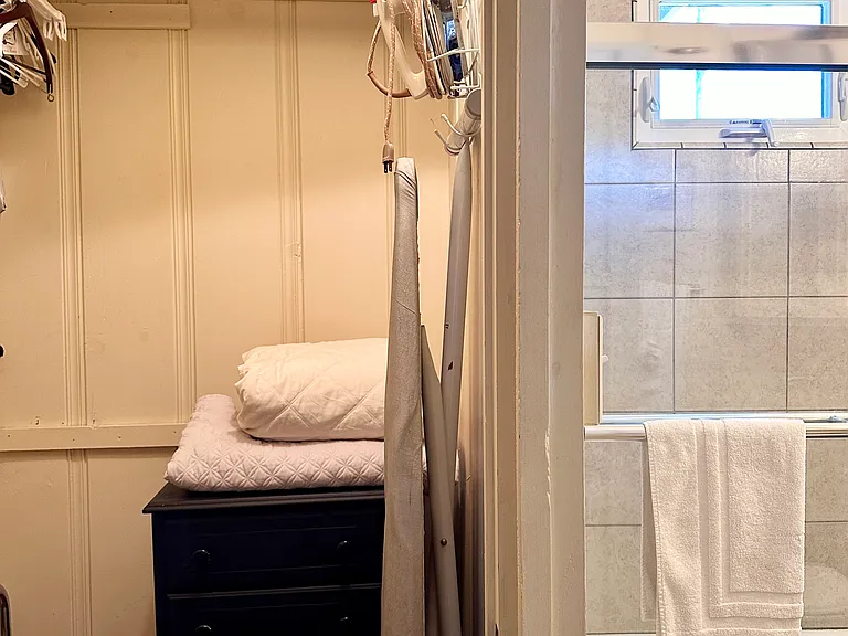 walk-in closet with door, next to bathroom