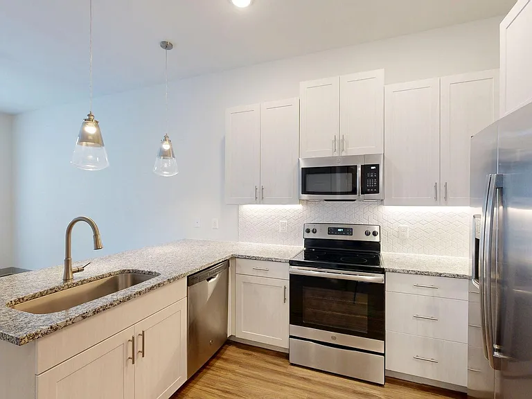 Apartment Kitchen with quartz counter tops and Wood-Style Flooring.