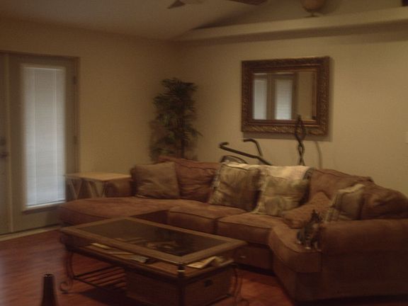 backside of the livingroom area, vaultic ceiling, fans and shelves