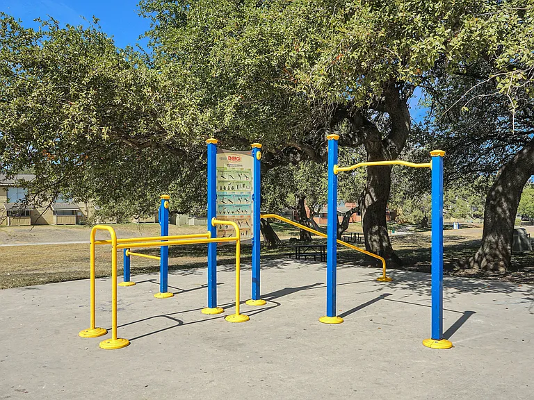 Enjoy our scenic walking trail with outdoor fitness stations at Sierra Ranch Apartments in the Medical Center.