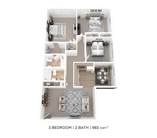Floor plan Three Bedroom 2 Bath - 983 sqft