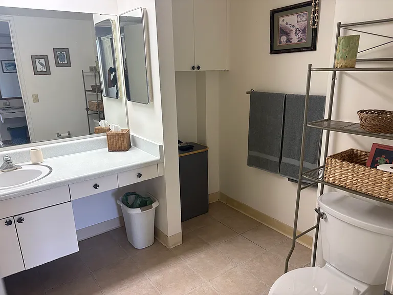 There is a roomy bathroom.