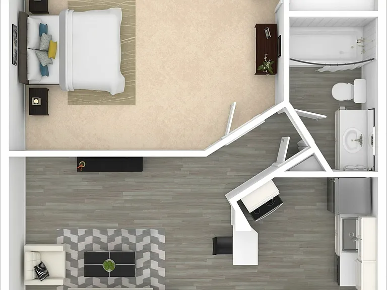 3D Furnished One-Bedroom Floor Plan 3D Furnished One-Bedroom Floor Plan