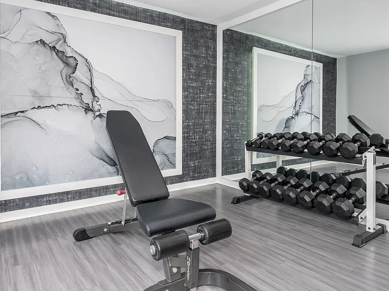 Build strength with our free weight area featuring a complete dumbbell rack and workout bench, professionally operated by Highlands Vista Group.