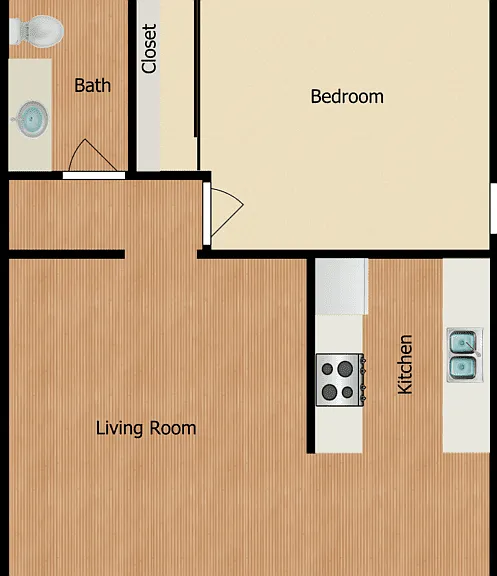 1 Bed 1 Bath Floorplan Diagram