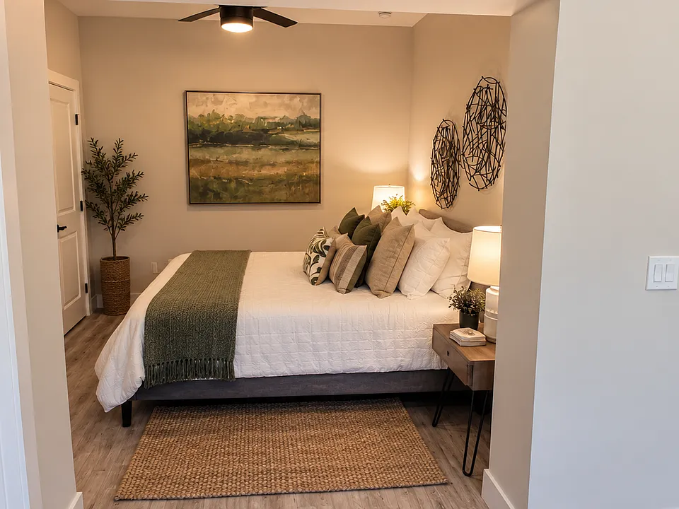 A cozy, comfortable bedroom featuring a private closet with convenient space for a stackable washer and dryer.