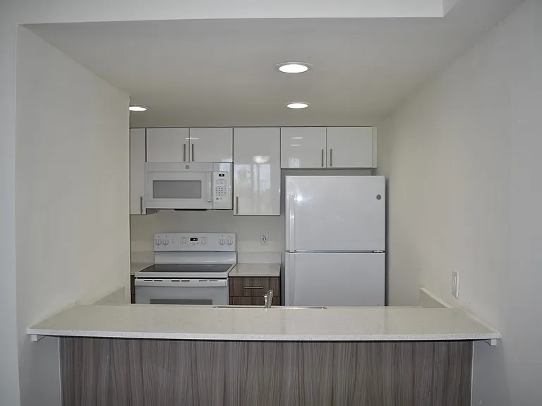 Granite Countertops with Modern, White Plywood Cabinetry With Self-Closing Hinges