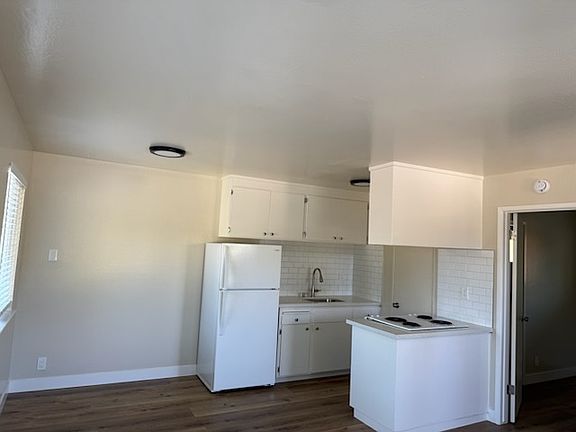 Renovated kitchen with new vinyl plank flooring.