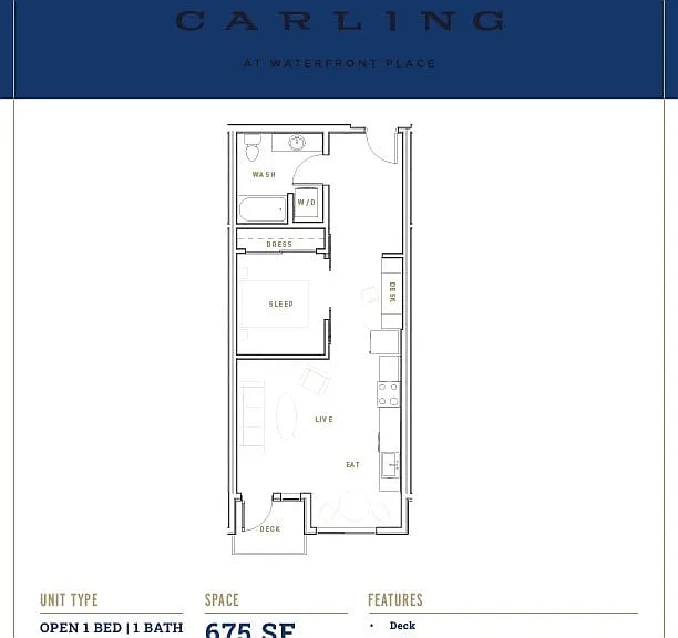 Explore the well-designed space of The Carling's 1 Bed, 1 Bath unit with a stunning waterfront view. Explore the well-designed space of The Carling's 1 Bed, 1 Bath unit with a stunning waterfront view.