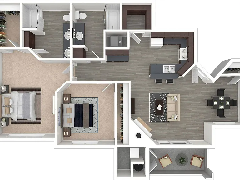 Lower-level corner location home with an open concept kitchen and separate dining area. A walk-in kitchen pantry is available in select apartment homes. A cozy wood-burning fireplace, entry closet, central air, heat, workstation in the hallway, and walk-i