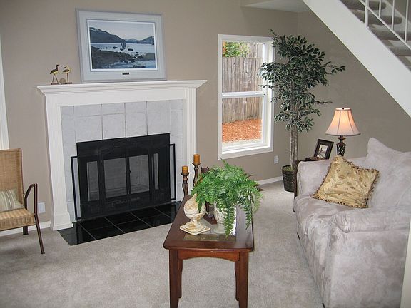 Vaulted ceiling above living room w/new fireplace inser