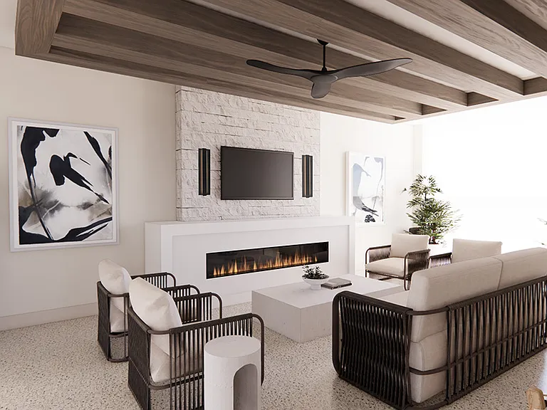 Unwind in our open-air breezeway with lounge seating, a cozy fireplace, and built-in entertainment, perfect for easygoing days and laid-back nights