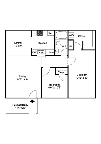 Floor plan 2br1ba 875-879 Sq.Ft