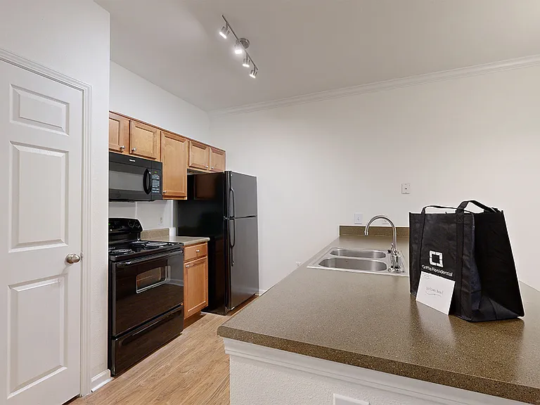 Apartment kitchen with wood-style flooring.
