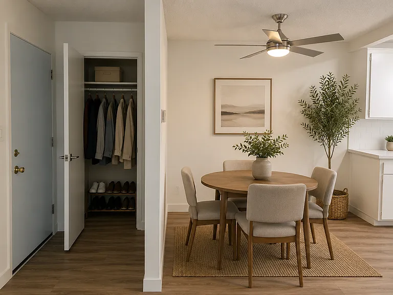 Flat Level, Entry Closet/Dining Nook-Digitally-rendered photo, measurements /proportions approximate