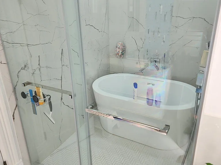 New luxury walk-in rain shower with separate bath.