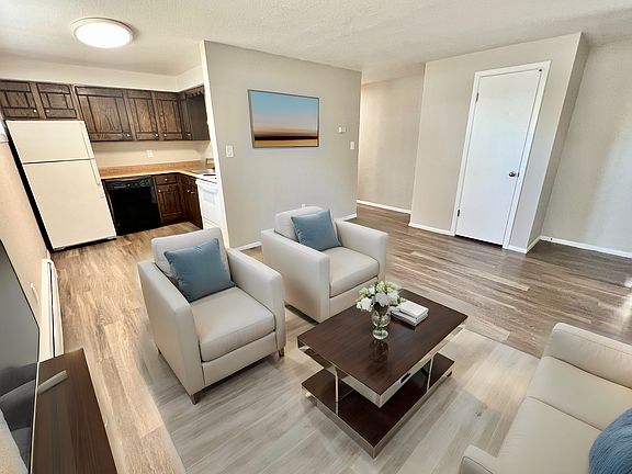 Chic open-concept living room with modern furniture, bright kitchen, and elegant wood flooring.