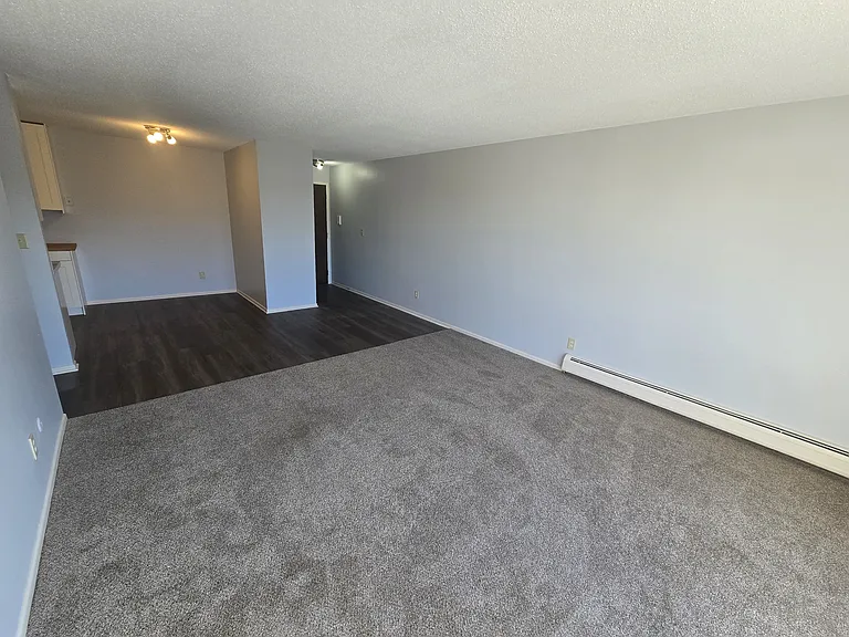 Living room with view back towards kitchen and entry way.
