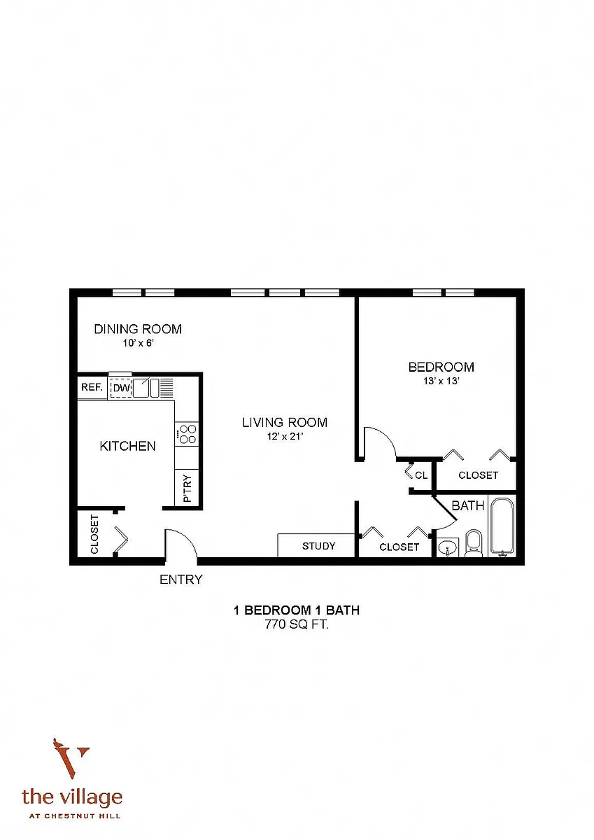 Floor plan Village at Chestnut Hill-1 Bdrm 770 Sqf