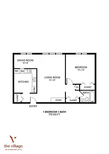 Floor plan Village at Chestnut Hill-1 Bdrm 770 Sqf
